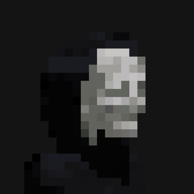 A highly pixelated grayscale portrait of a hooded figure or skull-like face on a dark background, representing Argonaut #3615, an NFT that sold for 6.69 ETH to ossen.eth as referenced in the accompanying post.