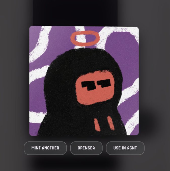 A digital NFT artwork displayed in an interface with buttons 'MINT ANOTHER', 'OPENSEA', and 'USE IN AGNT', showing a hooded figure with sunglasses and a red halo on a purple graffiti-style background.