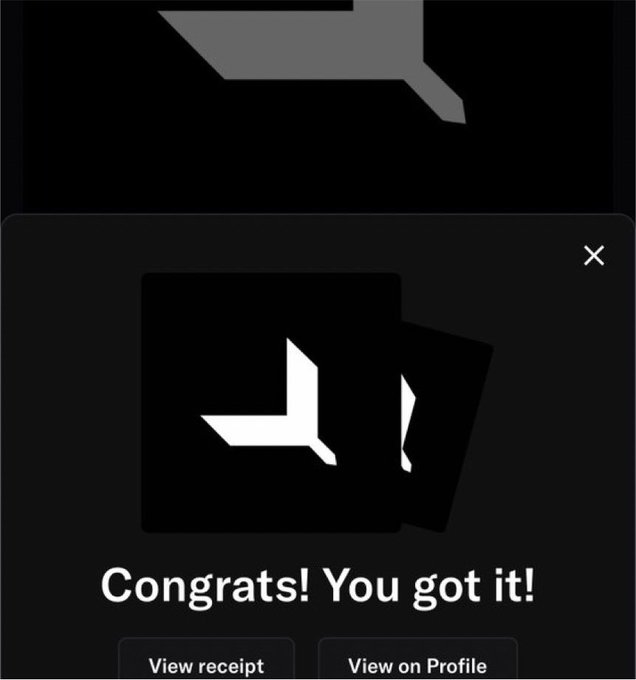 A dark-themed confirmation popup displays a stylized geometric logo with the text "Congrats! You got it!" along with "View receipt" and "View on Profile" buttons, celebrating the successful minting of an NFT from @OZZLAB_ as mentioned in the post.