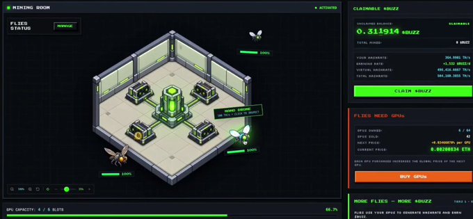 A pixel art video game interface displays a 'MINING ROOM' with bees, a 'CLAIMABLE sBUZZ' counter showing 0.311914 sBUZZ, and a 'FLIES NEED GPUs' shop section with a 'BUY GPUs' button.