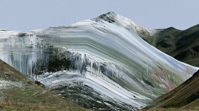 A landscape photograph of a mountain peak that appears digitally distorted or painted with horizontal streaks across its snowy and rocky surface.
