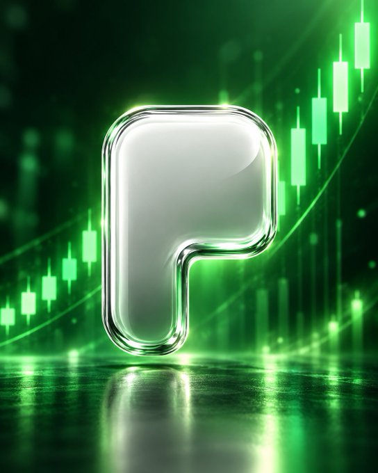 Glowing glass-like 'P' letter logo set against a green background featuring a rising financial candlestick chart with an upward trending line.