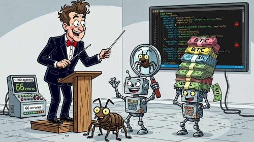 A cartoon illustration depicts a presenter at a podium pointing to three quirky bug-like robots near stacks of cash labeled 'BTC' and 'ISA', with a screen displaying code and a meter reading '1,000 species' and '66 errors'.