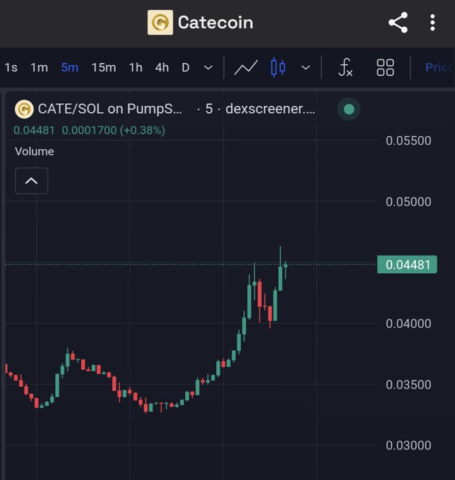 A cryptocurrency price chart for Catecoin (CATE/SOL on PumpSwap) on dexscreener, showing the 5-minute candle chart with a current price of 0.04481, up 0.38%, displaying an upward trend after a dip.