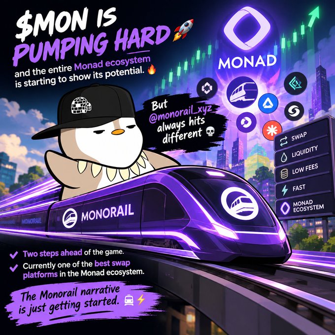 A promotional graphic for the Monad ecosystem featuring the text '$MON IS PUMPING HARD' and 'But @monorail_xyz always hits different 💀', highlighting features like SWAP, LIQUIDITY, LOW FEES, and FAST.
