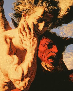 A stylized, illustrated image depicts a fierce struggle between a blonde man and a snarling demonic creature, with a human hand reaching outward as if to break free—visually capturing the themes of combat, violence, and finality described in the post announcing the "war" drop on @TransientLabs.