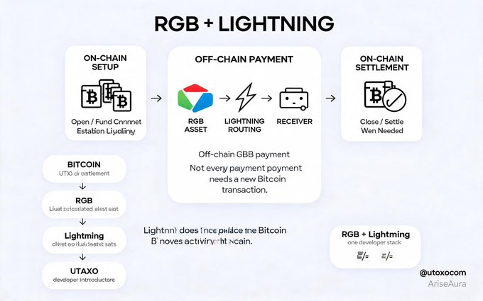 An infographic titled 'RGB + LIGHTNING' illustrating on-chain setup, off-chain payment, and on-chain settlement processes with Bitcoin icons, by '@utoxocom' and 'AriseAura'.