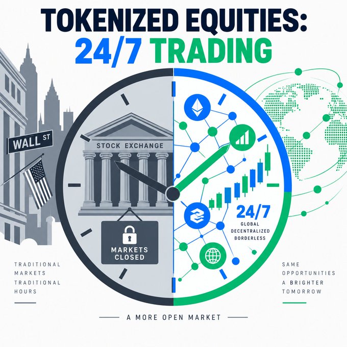 An infographic titled 'TOKENIZED EQUITIES: 24/7 TRADING' contrasting traditional Wall Street markets (closed, limited hours) with a global, decentralized, borderless 24/7 market, featuring a clock, stock exchange building, and candlestick charts.