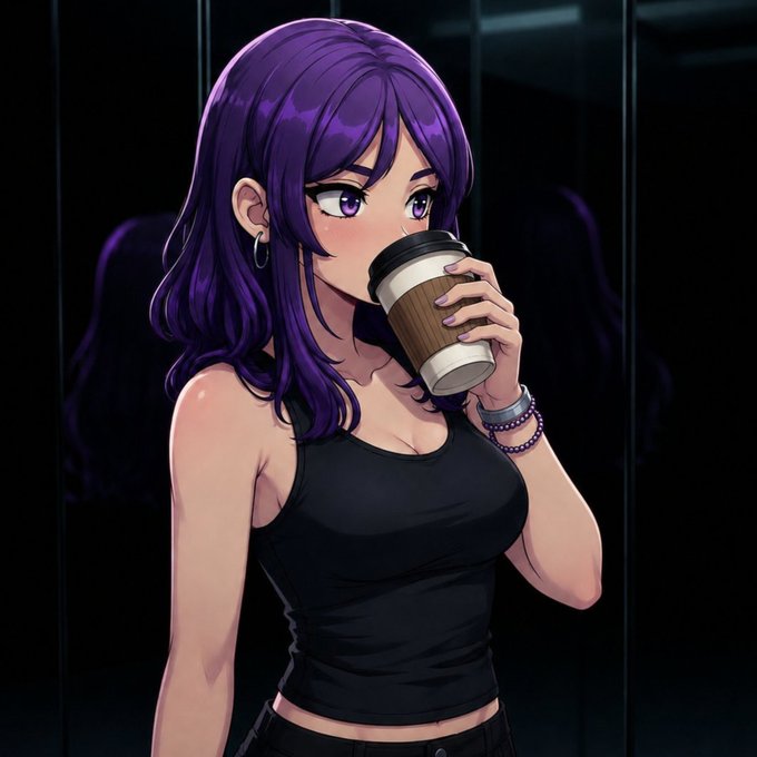An anime-style illustration of a young woman with purple hair drinking from a coffee cup, wearing a black tank top and bracelets against a dark reflective background.