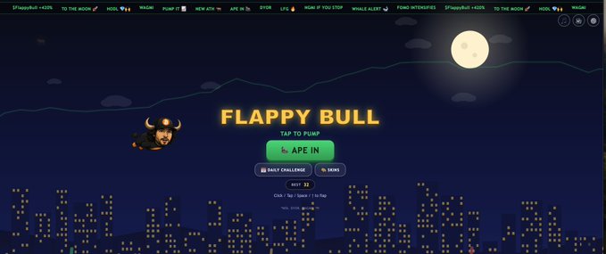 The image shows the title screen of the "Flappy Bull" game, featuring a cartoon bull flying against a night skyline with a full moon, where users tap to pump and can sign in to play, with "DAILY CHALLENGE" and "NEWS" options displayed below. The screen includes the "APE IN" button and references to "BEST: 25" and "Click / Tap / Space / Enter Key" controls, which aligns with the post celebrating achieving a new all-time high score beyond 25 to unlock the Bitcoin Bull skin.
