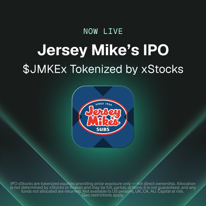 A promotional graphic announcing 'Jersey Mike's IPO' with the ticker $JMKEx tokenized by xStocks, featuring the Jersey Mike's Subs logo since 1956.
