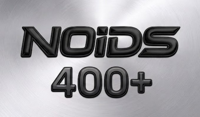 A metallic logo reading 'Noids 400+' in a chrome-style font against a brushed silver background.