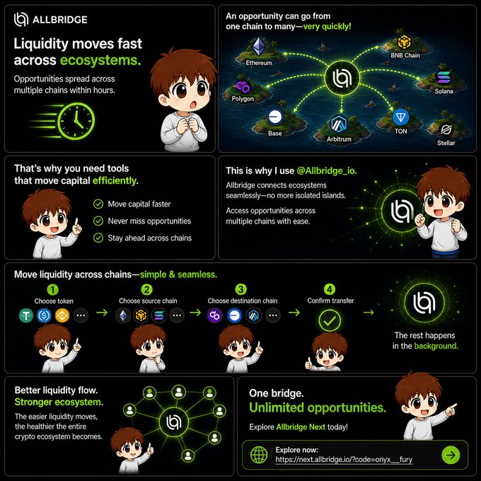 An infographic for Allbridge.io featuring a cartoon character explaining how liquidity moves rapidly across crypto ecosystems like Ethereum, BNB Chain, Solana, Polygon, Base, Arbitrum, TON, and Stellar, and promoting the platform as a seamless cross-chain tool ("One bridge. Unlimited opportunities.") to help users move capital efficiently between networks.