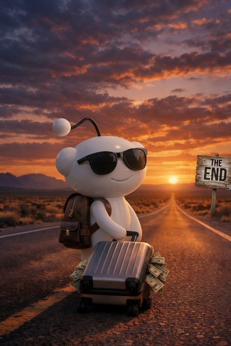 The Reddit Alien mascot, wearing sunglasses and carrying a backpack, pulls a suitcase overflowing with cash along a desert highway toward a sign reading "THE END" at sunset, illustrating the ironic "wake up bro" sentiment by depicting the literal "end" of a Reddit user's journey rather than a fresh start.