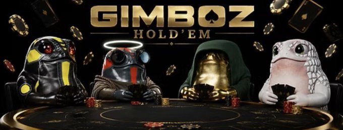 The image is a promotional graphic for "GIMBOZ HOLD'EM," featuring four characters—a robotic figure, a gas-masked character with a halo, a golden-hooded figure, and a gecko—seated around a poker table with chips and cards, while gold coins float in the dark background. This visually represents the launch of ApeChurch's first iteration of Texas Hold'em, an APE Coin-native casino dApp, inviting players to "ape in and ante up."