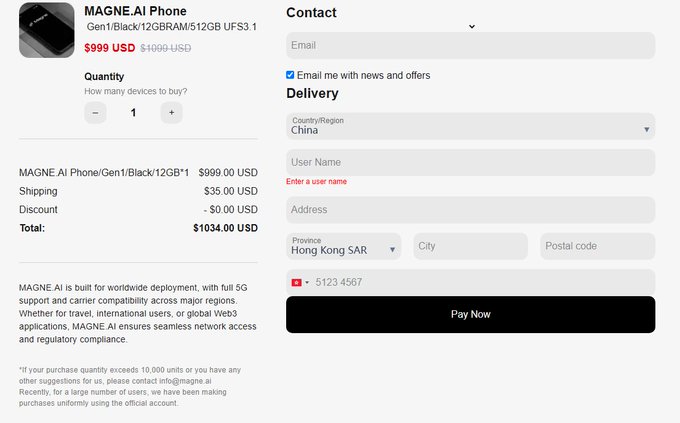 A checkout page for 'MAGNE.AI Phone' priced at $999.00 USD with $35.00 shipping (Total: $1034.00 USD), showing delivery fields for China/Hong Kong SAR and a 'Pay Now' button.