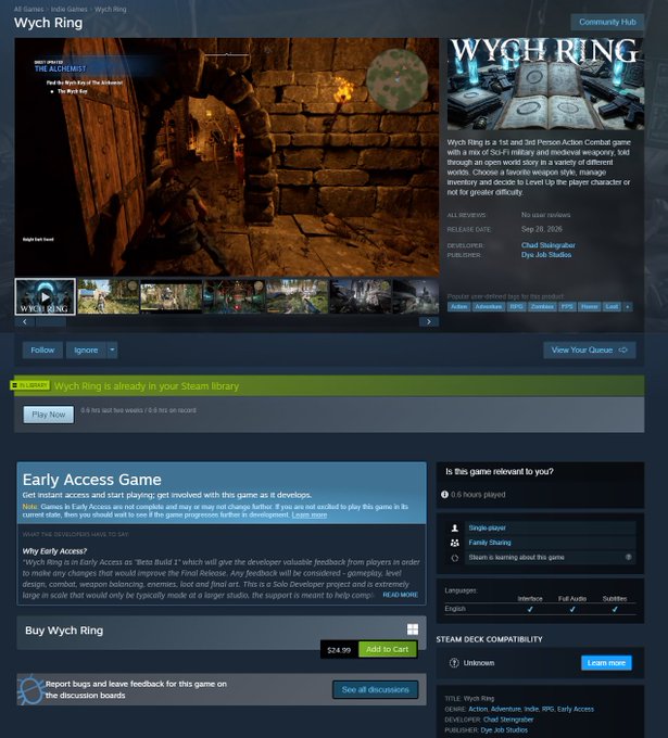 A Steam store page for the game 'Wych Ring', a 1st and 3rd Person Action Combat game in Early Access by Chad Skeegstrabi.