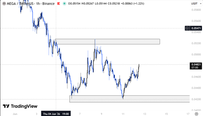 The image shows a graph of a stock chart, with blue lines representing the price movement over time. The graph displays a downward trend for the stock, indicating a decrease in value. The text in the image reads "MEGA has been pumping since yesterday it was 11% up yesterday and still pumping but until that resistance zone has been broken before any hope anyone still holding?". This message suggests that despite the current downward trend, there is still potential for the stock to recover or even increase in value as long as it reaches a certain point of resistance.