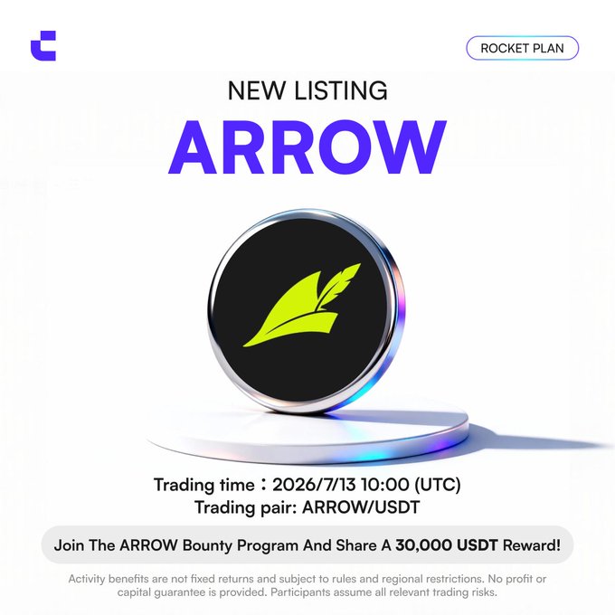 The image is a promotional announcement for a new ARROW token listing, featuring a black circular token with a green feather logo and displaying "NEW LISTING ARROW," a trading time of 2026/7/13 10:00 (UTC), and the trading pair ARROW/USDT. It also highlights the ARROW Bounty Program with a 30,000 USDT reward, aligning with the accompanying post about ArrowFinance's listing and bounty campaign.