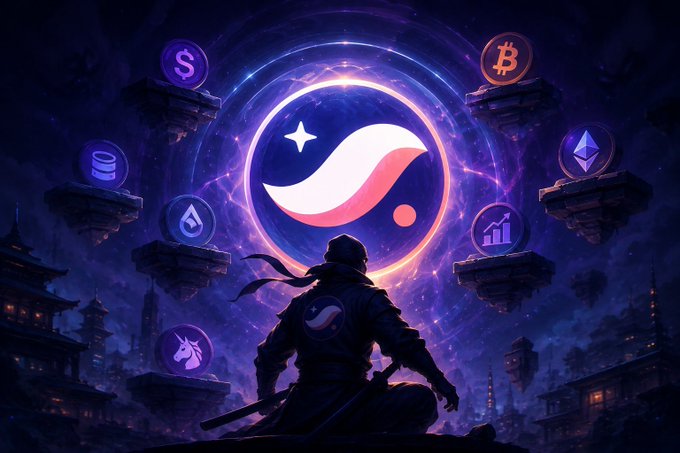 The image features a man dressed as a ninja with a sword, standing against a dark purple background adorned with various symbols and logos related to cryptocurrency and blockchain technology. The man appears to be looking up at something above him, possibly an object or a concept that is not immediately clear from the image alone. The post suggests that the world of privacy and DeFi are merging together in a new era, where privacy can be maintained while still benefiting from the advantages of blockchain technology.