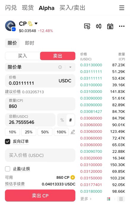 A trading interface shows a limit sell order for 860 CP tokens at $0.03111111 USDC, with the current CP price down 12.48% at $0.03548. The sell-side order book on the right displays prices ranging from $0.0306 to $0.0318, reflecting the token's recent decline that the poster is complaining about.