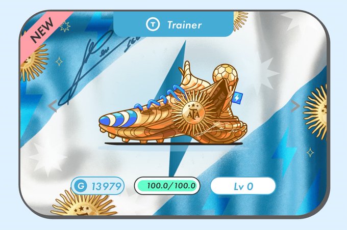 A game card showing a 'NEW' 'Trainer' item, which features an ornate golden shoe design with 'AA' on the heel, costs G 13979.