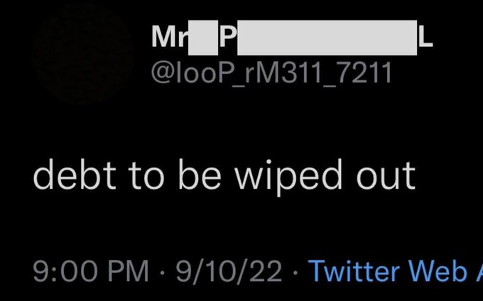A screenshot of a tweet from the account "@looP_rM311_7211" (display name "Mr P... L" with portions redacted) reads "debt to be wiped out," posted at 9:00 PM on 9/10/22 via Twitter Web. The accompanying post contextualizes this as a bullish sentiment about XRP ("Mr Pool"), suggesting the user's debt position is expected to be cleared, which aligns with the tweet's optimistic tone.