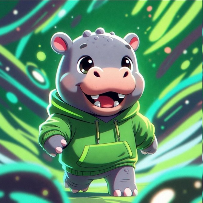 A 3D-rendered, cartoonish gray hippo character wearing a green hoodie, smiling cheerfully against a vibrant, swirling green background with glowing lights.