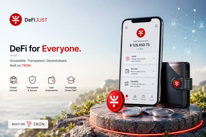 A promotional graphic for DeFiJUST, a DeFi platform built on TRON, showing a mobile app interface with a total value locked of $128,450.75 and features like Lend, Borrow, and Liquidity.