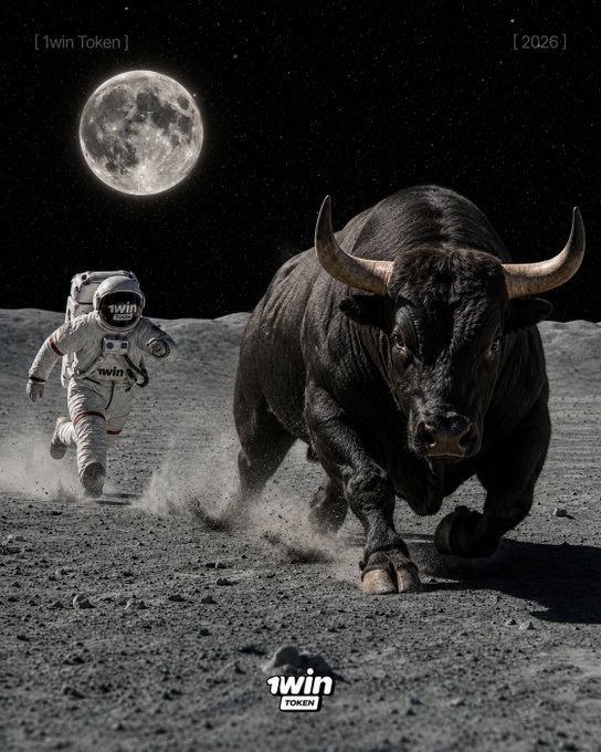 An astronaut with '1win' branding runs across a lunar surface being chased by a large black bull, with '[1win Token]' and '[2026]' displayed in the upper corners.