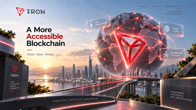 A promotional graphic for TRON blockchain featuring a glowing red logo over a futuristic cityscape, with text including "A More Accessible Blockchain", "Faster. Open. Global.", and "People Access Opportunity".