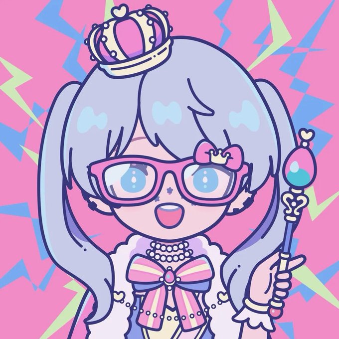 A pastel-colored anime-style illustration of a girl with twin tails, pink glasses, a crown, and a scepter against a lightning bolt background.