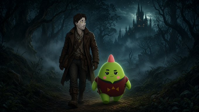 A digitally composed Halloween-style image showing a man in a Victorian coat standing next to a small green cartoon character with a pink horn on a dark forest path with a spooky castle in the background.