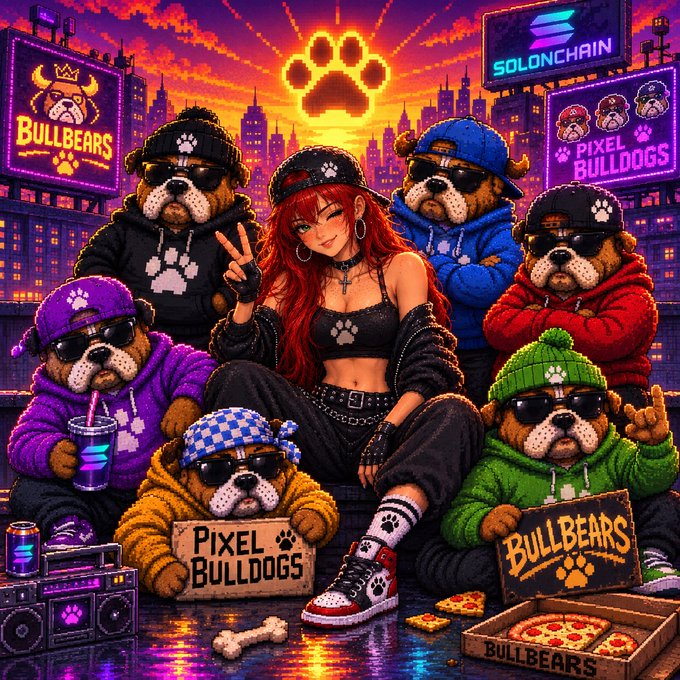 A vibrant pixel-art illustration features a red-haired girl in black streetwear posing with five bulldogs wearing colorful hoodies (purple, black, blue, red, orange, green) and sunglasses. The scene includes billboards reading 'BULLBEARS', 'SOLONCHAIN', and 'PIXEL BULLDOGS', along with pizza, a boombox, and a city skyline at sunset.
