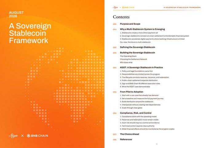 The image shows the cover and table of contents of an August 2026 report titled "A Sovereign Stablecoin Framework," co-produced by Sign (formerly ShellBox) and BNB Chain. The contents outline sections covering the purpose and scope, why multi-stablecoin systems are emerging, defining the sovereign stablecoin, building infrastructure, the KGST stablecoin in practice, compliance, and references—aligning with the post about @Sign's sovereign stablecoin framework unveiled at @EASYResidency, which leverages public networks like BNB Chain as a settlement layer for government-issued digital currencies.