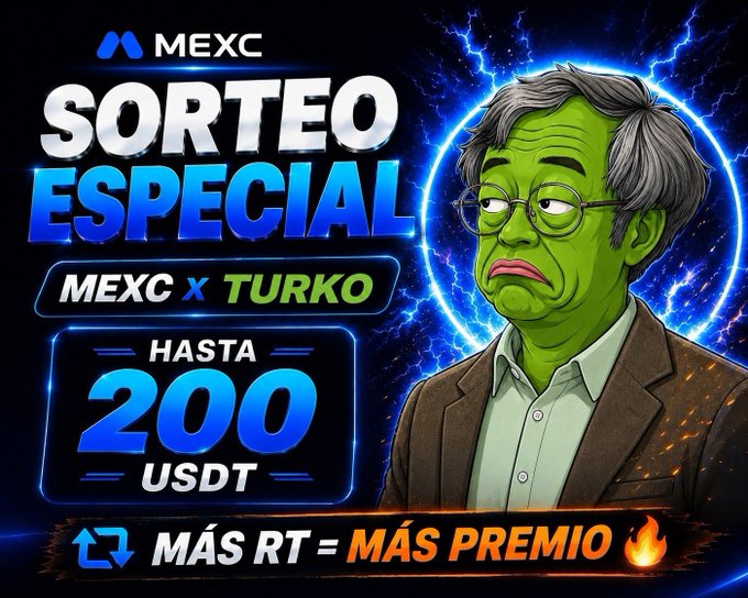 A promotional graphic for a "Sorteo Especial" (Special Giveaway) collaboration between MEXC and Turko, featuring a green-skinned Pepe-like cartoon character with glasses against an electric blue background, offering up to 200 USDT in prizes with the tagline "Más RT = Más Premio" (More Retweets = More Prize). The image directly supports the accompanying post's giveaway announcement, visually emphasizing the MEXC x Turko partnership and the retweet-based entry mechanic.