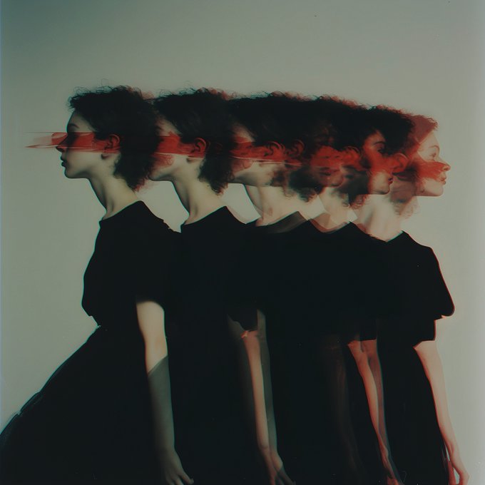 A woman in a black dress appears in multiple overlapping profiles, creating a blurred, motion-like effect with streaks of red across her face against a pale backdrop. The artwork, part of the "Spectrum of Being" series by @mallowdotart, visually captures the "Back and Forth" theme suggested in the caption through its layered, rhythmic repetitions of a single figure.