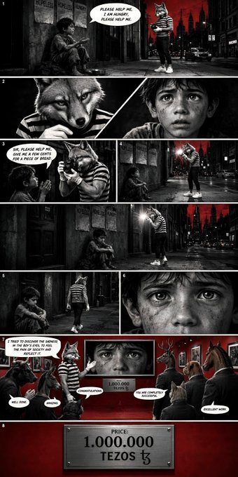 A black-and-white comic page depicting a starving boy pleading with an anthropomorphic fox in a dark alley, culminating in a scene where the boy is displayed for sale among wealthy bidders at an auction with a price tag of "1,000,000 TEZOS." The work is being sold as a limited 99-edition NFT for 0.10 ꜩ on objkt.com, with each panel conveying the boy's desperate cries of "PLEASE HELP ME" before being auctioned for 1 million Tezos.