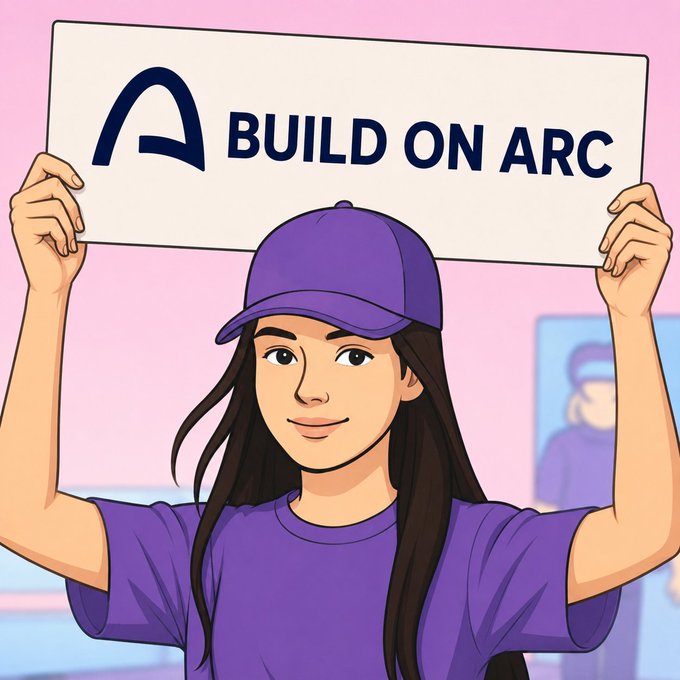 A digital illustration shows a smiling young woman wearing a purple cap and t-shirt, holding up a sign that reads 'A BUILD ON ARC' against a pink background.