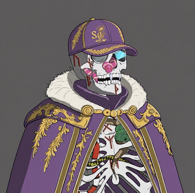 The image features a cartoon illustration of a skeleton wearing a purple cape, hat, and coat with gold accents. The skeleton has a face painted on its skull, giving it a unique appearance. The caption below the image reads "Good morning and happy Friday to absolutely everybody! Let’s get this bag!!! Don't forget to tune into mine and @SOLANADEADS 1 year anniversary weekend Let's fkn go we moon bound".