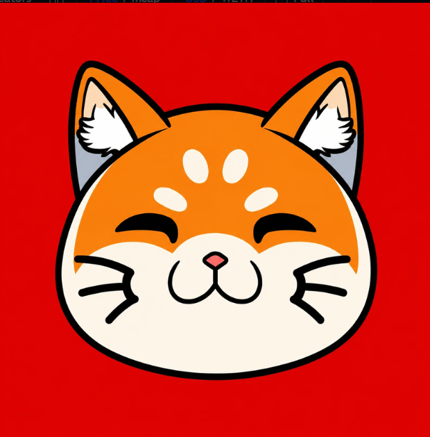 A cartoon illustration of a smiling orange and white cat face with paw-like markings on its forehead against a bright red background, resembling the Hamster Kombat or similar meme-style mascot.