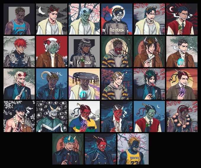 A collage of anime-style character portraits featuring various demon-like and supernatural figures, some wearing branded clothing like Reebok, Tokyo, and BOY.