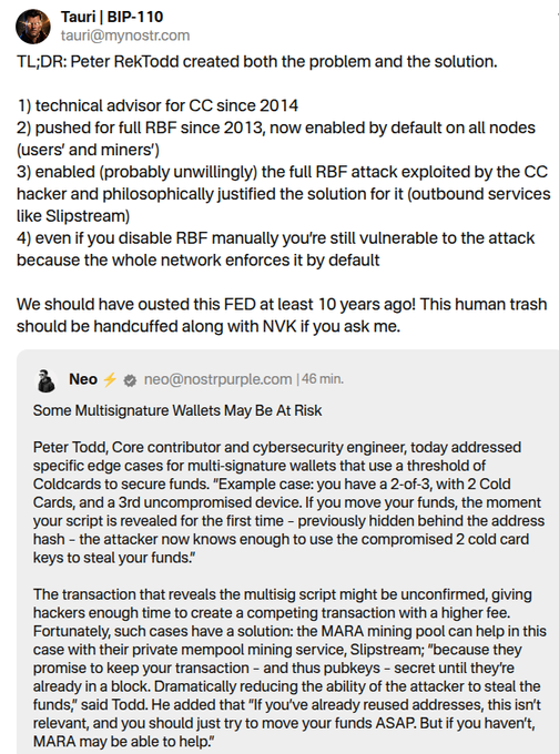 A Nostr social media post by Tauri criticizing Peter Todd's role in Bitcoin's RBF feature, claiming he 'created both the problem and the solution,' alongside a shared article from Neo about multisignature wallet risks.