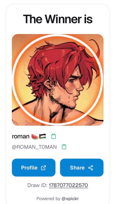 A "The Winner is" announcement card from @xpickr featuring a stylized anime-style profile picture of a red-haired character, declaring @ROMAN_TOMAN (display name "roman" with Palestinian and Syrian flag emojis) as the winner of the 1,000 Lattice giveaway, with Draw ID: 1787077022570 and Profile/Share buttons below.