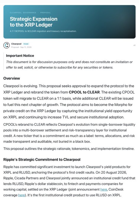 Screenshot of a Clearpool governance proposal titled 'Strategic Expansion to the XRP Ledger' (A11 SCPOOL to CLEAR migration) posted on September 11, 2026, with the headline 'Important Notice' and overview section visible.