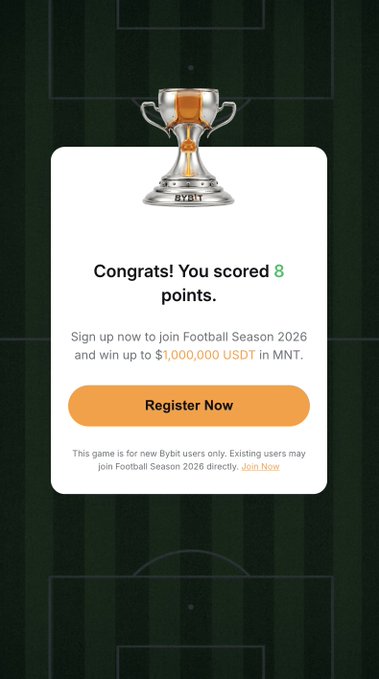 A promotional graphic congratulates the user for scoring 8 points in Bybit's Goalkeeper game for Football Season 2026, where they can win up to $1,000,000 USDT.