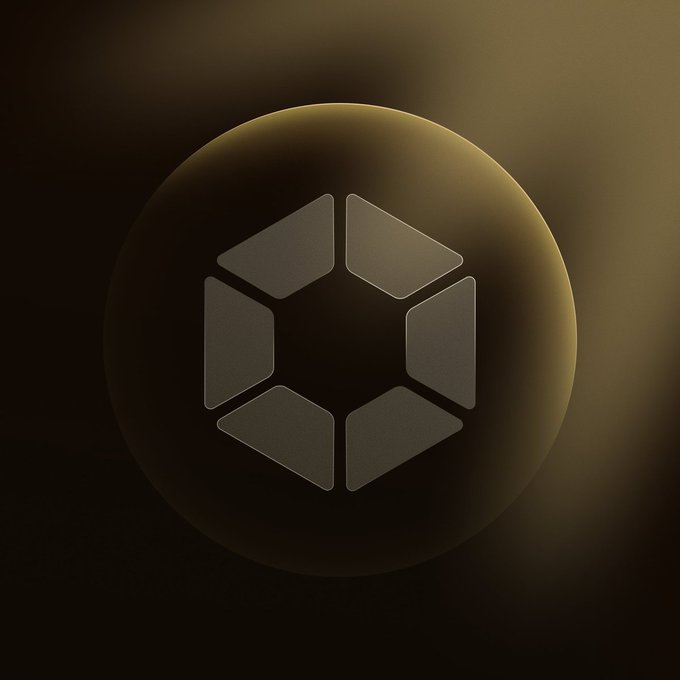 Minimalist dark logo design featuring a circular emblem with a geometric hexagonal pattern in gold/brown tones against a black background.