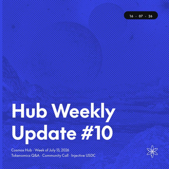 A vibrant blue graphic titled "Hub Weekly Update #10" dated 16·07·26, covering the Cosmos Hub week of July 13, 2026, with topics on Tokenomics Q&A, Community Call, and Injective USDC. The post expands on these highlights, noting active pressure-testing of the Phase 1 tokenomics report, a Wednesday Q&A call on July 22, and the upcoming Hydro-unblocking Hub upgrade moving to testnet with mainnet deployment expected in 2-3 weeks.