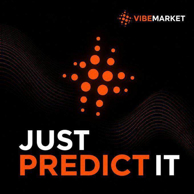 A dark promotional graphic for 'VibeMarket' featuring the tagline 'JUST PREDICT IT' in white and orange text with a logo of clustered orange dots.