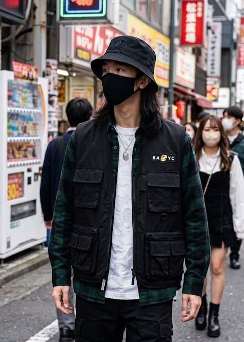 A street-style photograph of a young man wearing a black bucket hat, face mask, and a black utility vest over a plaid shirt, standing on a busy urban street with vending machines and neon signs.